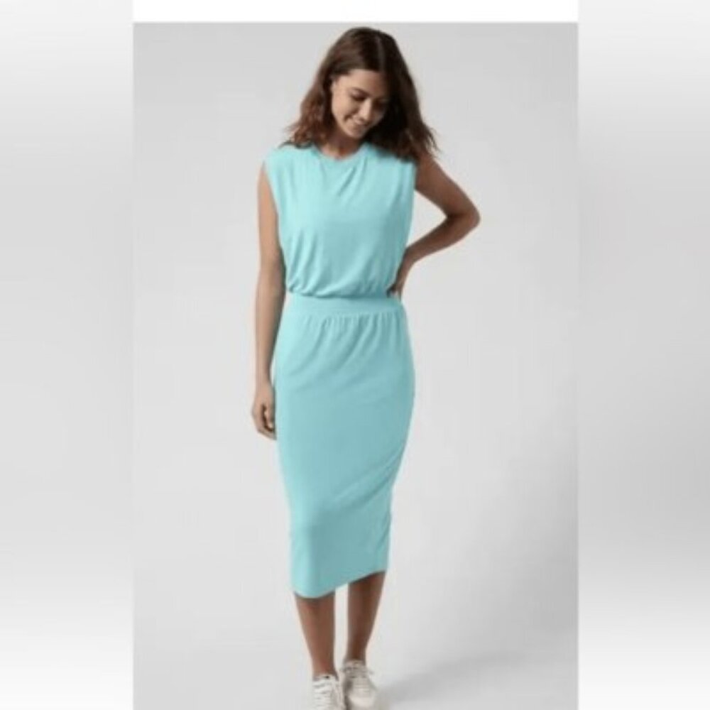 Blue Athleta Midi pull on dress with cinched waist Medium